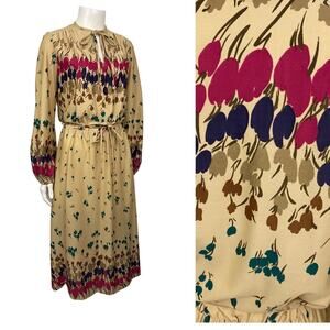 Vintage 1970s Floral Tie Neck Midi Dress Boho Tulip Long Sleeve Small -